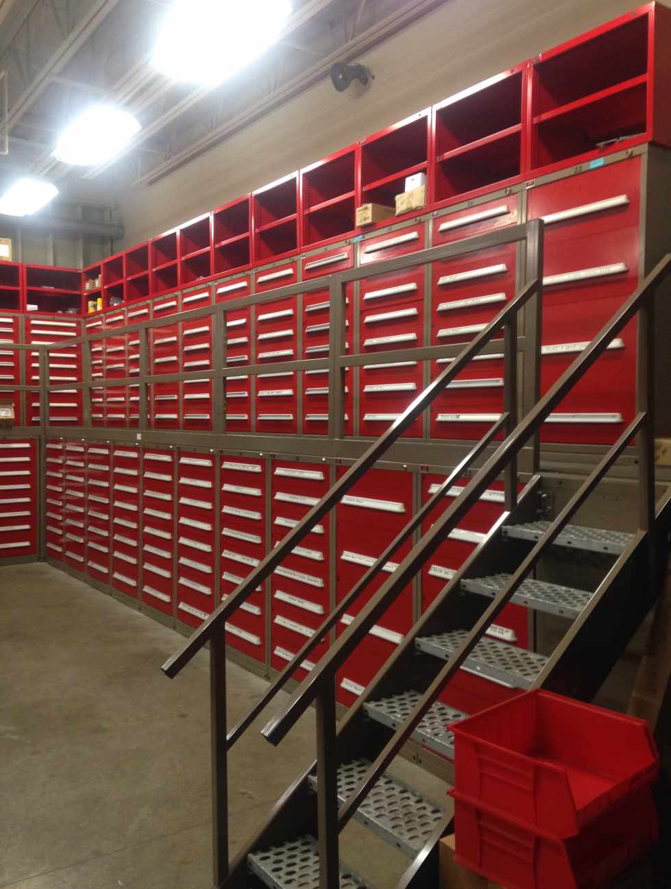 lyon-red-modular-drawer-cabinets-with-overhead-mezzanine-installed
